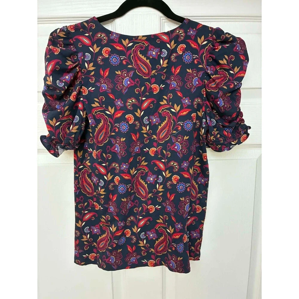 LOFT‎ Top Womens XXS Navy Paisley Floral V-Neck Puff Sleeve Cotton